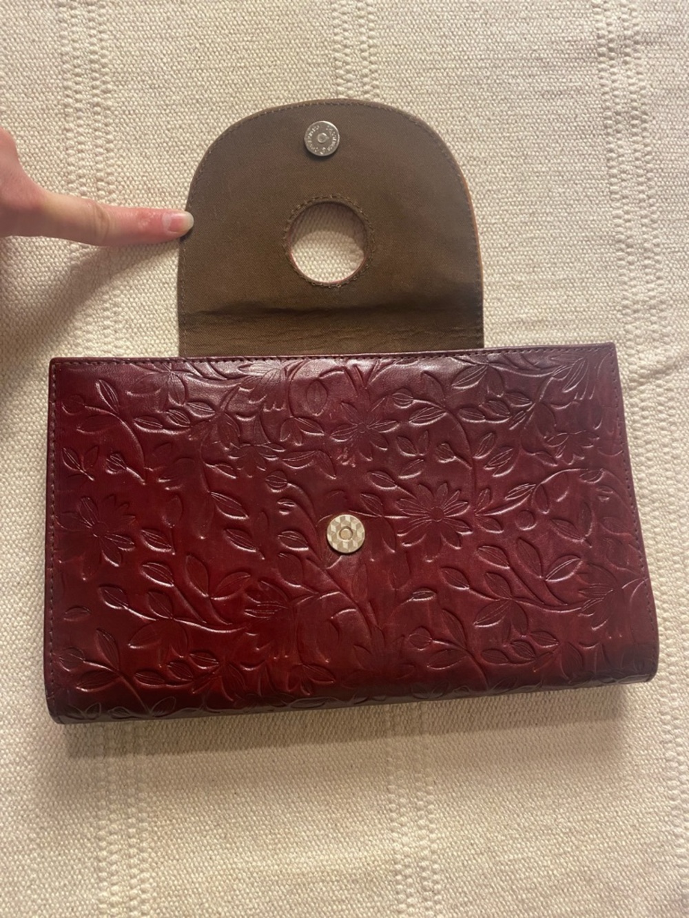 Sold Tooled Leather Clutch | Embossed Floral | Burgundy Multi | Genuine Leather - Picture 4 of 8